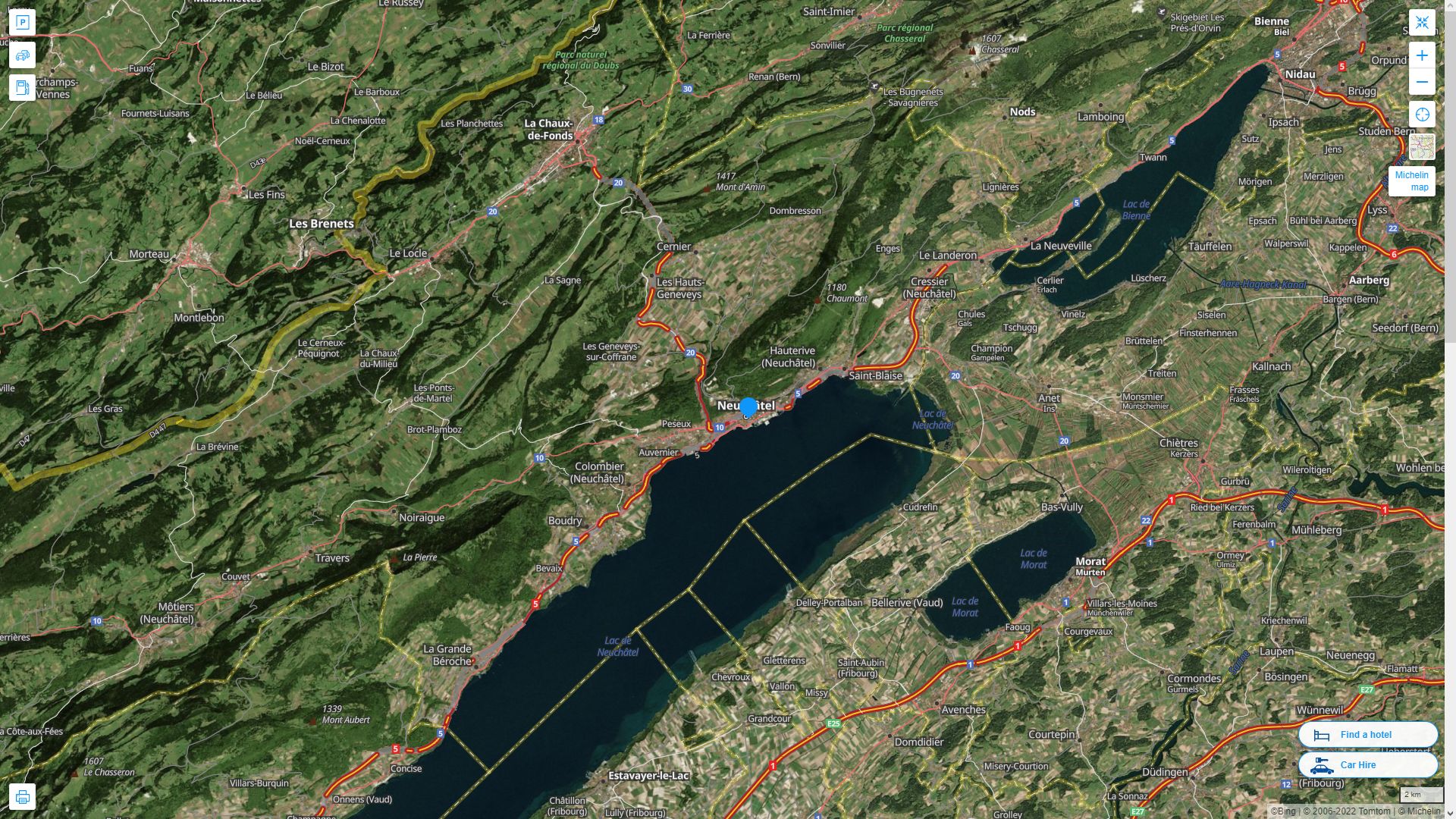 Neuchatel Suisse Autoroute et carte routiere avec vue satellite